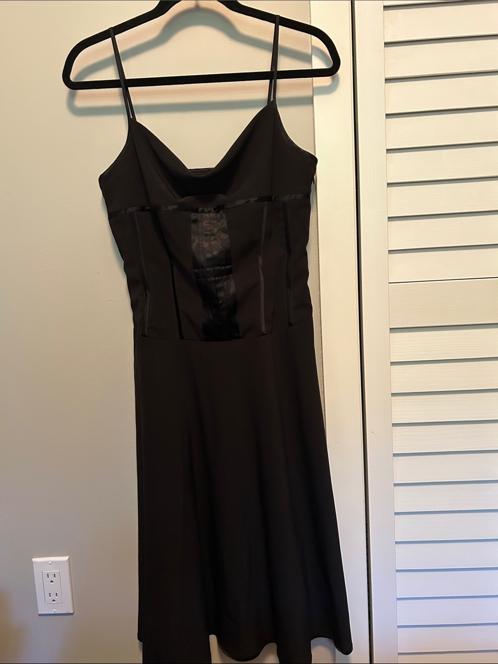 le chateau Black Satin-Panel Spaghetti Strap Mini Dress